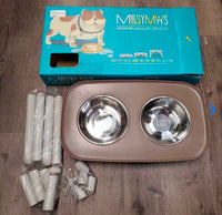 Evelated Double Dog Feeder, box, 2 silver bowls, 3 sets of 4 legs *like new
