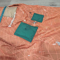 Med?Hvy Cotton Lined Winter Blanket, 2 legs *gc/fair, repairs, hairy, clean, snags, faded, 0 wpf, discolored, smells, twisted strap, holes, clumpy lining

