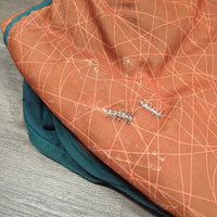 Med?Hvy Cotton Lined Winter Blanket, 2 legs *gc/fair, repairs, hairy, clean, snags, faded, 0 wpf, discolored, smells, twisted strap, holes, clumpy lining
