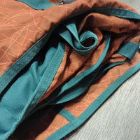 Med?Hvy Cotton Lined Winter Blanket, 2 legs *gc/fair, repairs, hairy, clean, snags, faded, 0 wpf, discolored, smells, twisted strap, holes, clumpy lining
