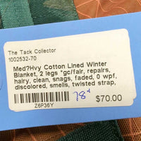 Med?Hvy Cotton Lined Winter Blanket, 2 legs *gc/fair, repairs, hairy, clean, snags, faded, 0 wpf, discolored, smells, twisted strap, holes, clumpy lining
