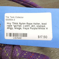 Hvy Thick Nylon Rope Halter, lead rope *gc/fair, v.stiff, dirt, stained, dingy, snags, frays
