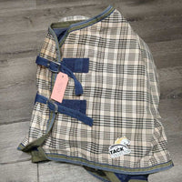 Med Winter Turnout Blanket, 2 legs *gc, clean, repairs, faded, 0 Wpf, v.clumpy/balled up fill, older?
