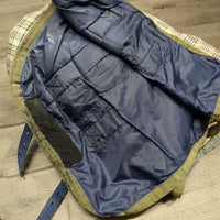 Med Winter Turnout Blanket, 2 legs *gc, clean, repairs, faded, 0 Wpf, v.clumpy/balled up fill, older?
