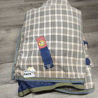 Med Winter Turnout Blanket, 2 legs *gc, clean, repairs, faded, 0 Wpf, v.clumpy/balled up fill, older?
