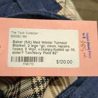 Med Winter Turnout Blanket, 2 legs *gc, clean, repairs, faded, 0 Wpf, v.clumpy/balled up fill, older?
