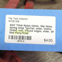 Stiff Thick Nylon Halter, Slip Nose, spring snap *gc/fair, older, stains, faded, rust, frayed edges, older, dirt
