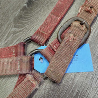 Thick Stiff Nylon Halter *gc/fair, v.faded, discolored, stains, frayed & sliced edges, unstitched, older, frayed holes, v.rusty
