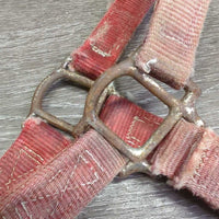 Thick Stiff Nylon Halter *gc/fair, v.faded, discolored, stains, frayed & sliced edges, unstitched, older, frayed holes, v.rusty
