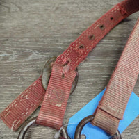 Thick Stiff Nylon Halter *gc/fair, v.faded, discolored, stains, frayed & sliced edges, unstitched, older, frayed holes, v.rusty
