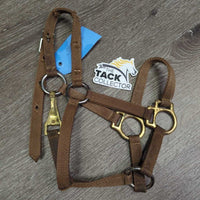 Thin Stiff Nylon Halter, 2x adjustable, Spring Snap *gc/fair, stains, dirt, edge rubs & frays, xholes

