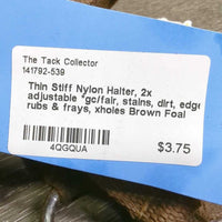 Thin Stiff Nylon Halter, 2x adjustable, Spring Snap *gc/fair, stains, dirt, edge rubs & frays, xholes
