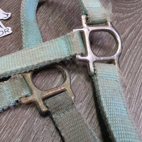 Thick Stiff Nylon Halter, adj, spring snap *gc/fair, stains, faded, rusty, xholes, discolored
