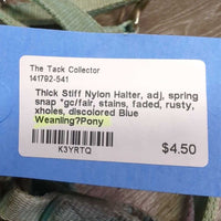 Thick Stiff Nylon Halter, adj, spring snap *gc/fair, stains, faded, rusty, xholes, discolored
