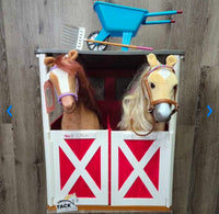 My Life Plastic Barn & 2 Horses, Saddles, Pads & Bridles, 1 wheelbarrow & pitchfork *vgc/gc, clean, mnr rubs, marker, no purple reins
