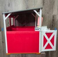 My Life Plastic Barn & 2 Horses, Saddles, Pads & Bridles, 1 wheelbarrow & pitchfork *vgc/gc, clean, mnr rubs, marker, no purple reins
