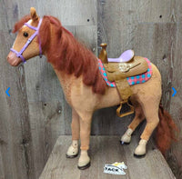 My Life Plastic Barn & 2 Horses, Saddles, Pads & Bridles, 1 wheelbarrow & pitchfork *vgc/gc, clean, mnr rubs, marker, no purple reins
