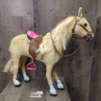 My Life Plastic Barn & 2 Horses, Saddles, Pads & Bridles, 1 wheelbarrow & pitchfork *vgc/gc, clean, mnr rubs, marker, no purple reins
