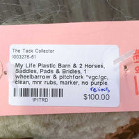 My Life Plastic Barn & 2 Horses, Saddles, Pads & Bridles, 1 wheelbarrow & pitchfork *vgc/gc, clean, mnr rubs, marker, no purple reins

