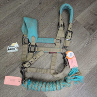 Fleece-Nylon Halter, adj, snap, braided lead *gc, dirt, stains, pilly, dents, hair, residue, rust, snags, frayed
