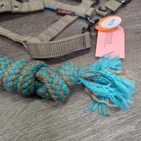 Fleece-Nylon Halter, adj, snap, braided lead *gc, dirt, stains, pilly, dents, hair, residue, rust, snags, frayed
