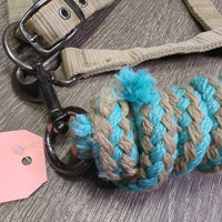 Fleece-Nylon Halter, adj, snap, braided lead *gc, dirt, stains, pilly, dents, hair, residue, rust, snags, frayed
