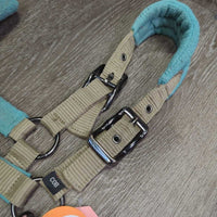 Fleece-Nylon Halter, adj, snap, braided lead *gc, dirt, stains, pilly, dents, hair, residue, rust, snags, frayed
