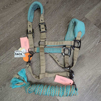 Fleece-Nylon Halter, adj, snap, braided lead *gc, dirt, stains, pilly, dents, hair, residue, rust, snags, frayed
