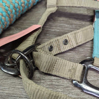 Fleece-Nylon Halter, adj, snap, braided lead *gc, dirt, stains, pilly, dents, hair, residue, rust, snags, frayed
