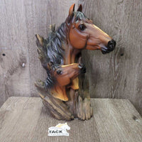 2 Horse Head on Wood Light Plastic Statue *vgc, repaired ear, white glue residue
