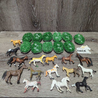 15 Assorted Toy Horses, 11 Grass Pieces
