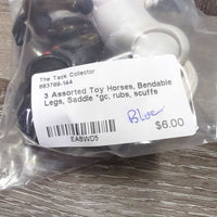 3 Assorted Toy Horses, Bendable Legs, Saddle *gc, rubs, scuffs
