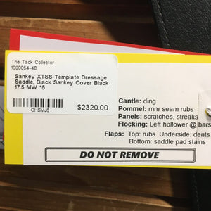 17.5 MW *5 Sankey XTSS Template Dressage Saddle, Black Sankey Cover, Large Front Blocks, Front & Back Gusset Panels, Wool Flocked, Flaps: 15.75"L x 12"W Serial # 18 T XTSS 019415