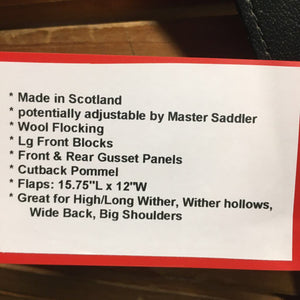 17.5 MW *5 Sankey XTSS Template Dressage Saddle, Black Sankey Cover, Large Front Blocks, Front & Back Gusset Panels, Wool Flocked, Flaps: 15.75"L x 12"W Serial # 18 T XTSS 019415