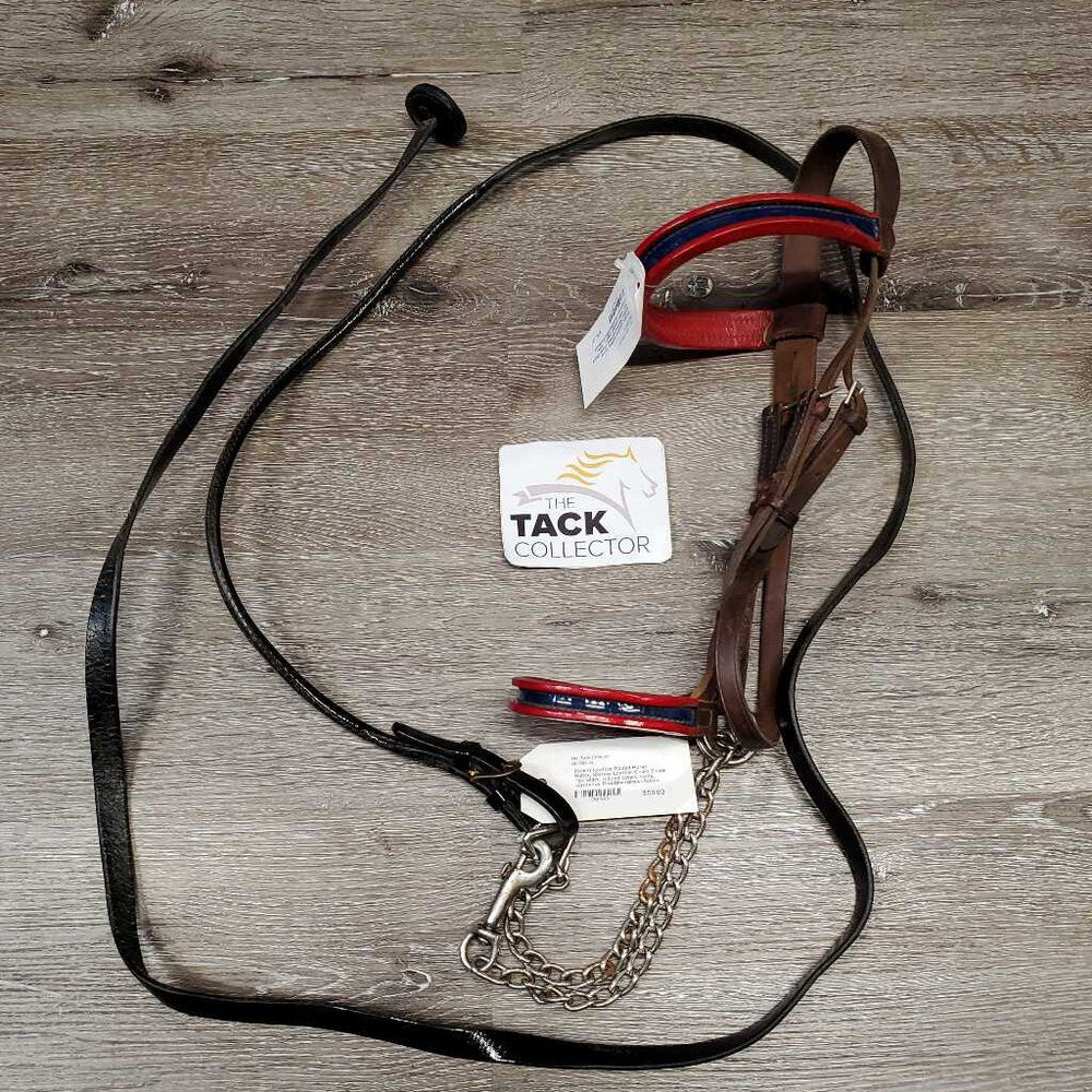 Patent Leather Gaited Horse Halter, Narrow Leather Chain Shank *gc, older, rubbed edges, rusty, scratches