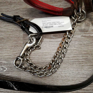 Patent Leather Gaited Horse Halter, Narrow Leather Chain Shank *gc, older, rubbed edges, rusty, scratches