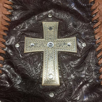 Hvy Leather Purse, silver Cross, shoulder strap *undone top lace, vgc