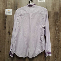 LS Show Shirt, attached Button Collar *gc, older, threads, puckered seams, pits, snags