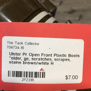 Pr Open Front Plastic Boots *older, gc, scratches, scrapes, stains