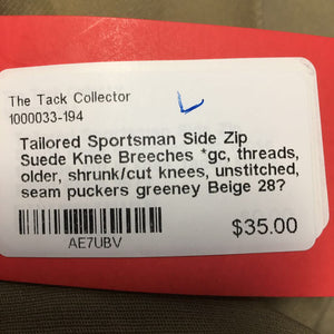 Side Zip Suede Knee Breeches *gc, threads, older, shrunk/cut knees, unstitched, seam puckers