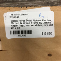 Indian Horse Print Picture, Feather, Matted & Wood Frame by Janine Rager *vgc, mnr scratches, mnr dirt