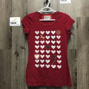 SS T Shirt *gc, faded edges, undone seam stitching/threads, mnr peeling hearts