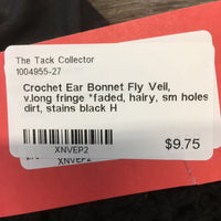Crochet Ear Bonnet Fly Veil, v.long fringe *faded, hairy, sm holes, dirt, stains