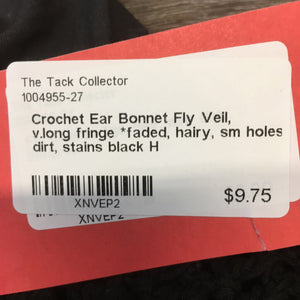 Crochet Ear Bonnet Fly Veil, v.long fringe *faded, hairy, sm holes, dirt, stains