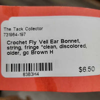 Crochet Fly Veil Ear Bonnet, string, fringe *clean, discolored, older, gc
