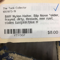 Stiff Nylon Halter, Slip Nose *older, frayed. dirty, threads, mnr rust, stains
