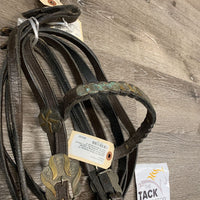 Leather/Tin Silver Headstall, Pr Split Reins *missing 4 chicago screws, oxidized, dry, stiff, chewed ends
