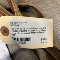 Cotton Web Draw Reins, loop end *older, missing keeper, torn edges, rips, dirty, stains, threads
