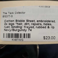 Cotton Stable Sheet, embroidered, 2x legs *hair, dirt, repairs, holes, rust, binding: frayed, rubbed & rip
