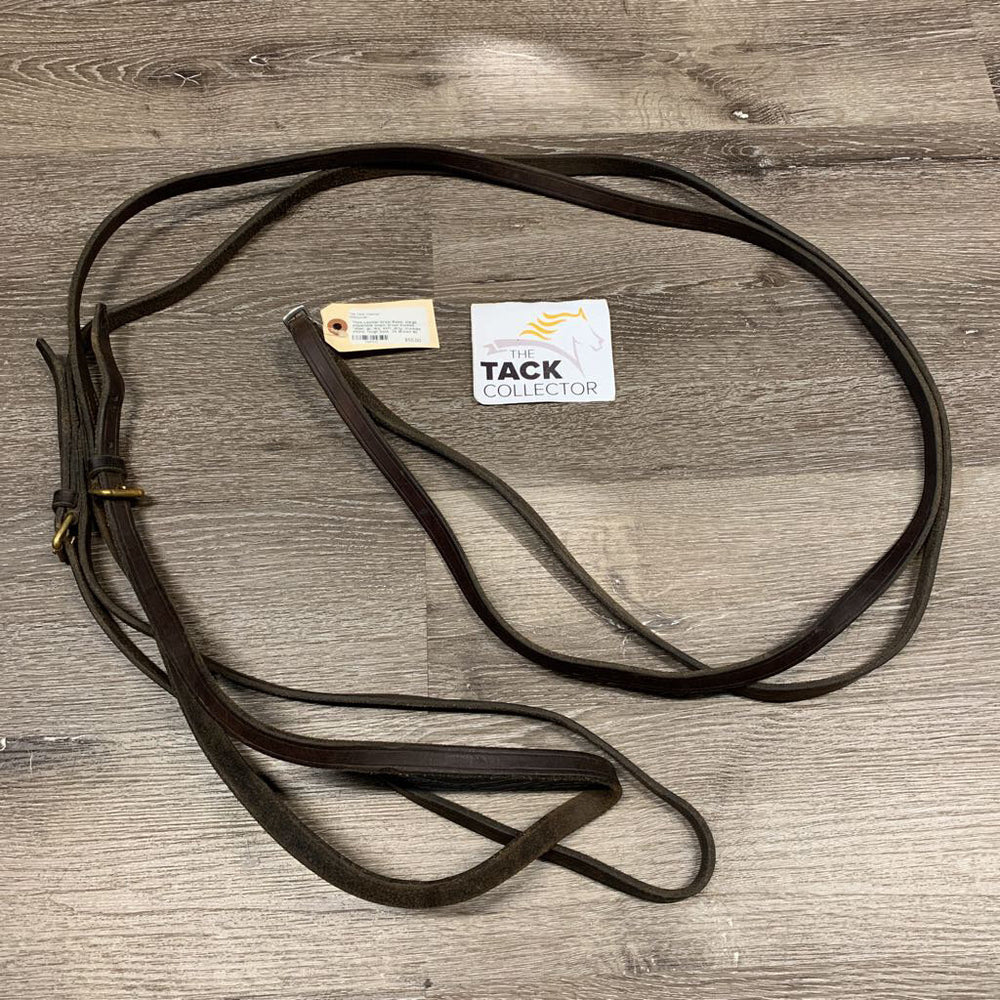 Thick Leather Draw Reins, xlarge adjustable loops, brass buckles *older, gc, dry, stiff, dirty, crackles, stains, rough back